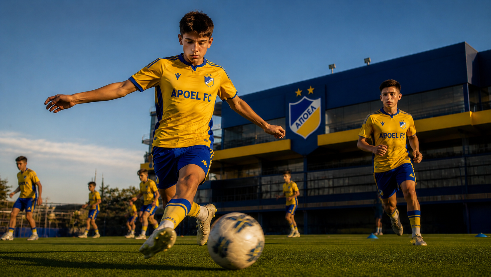 APOEL Academy player striking a football at sunset